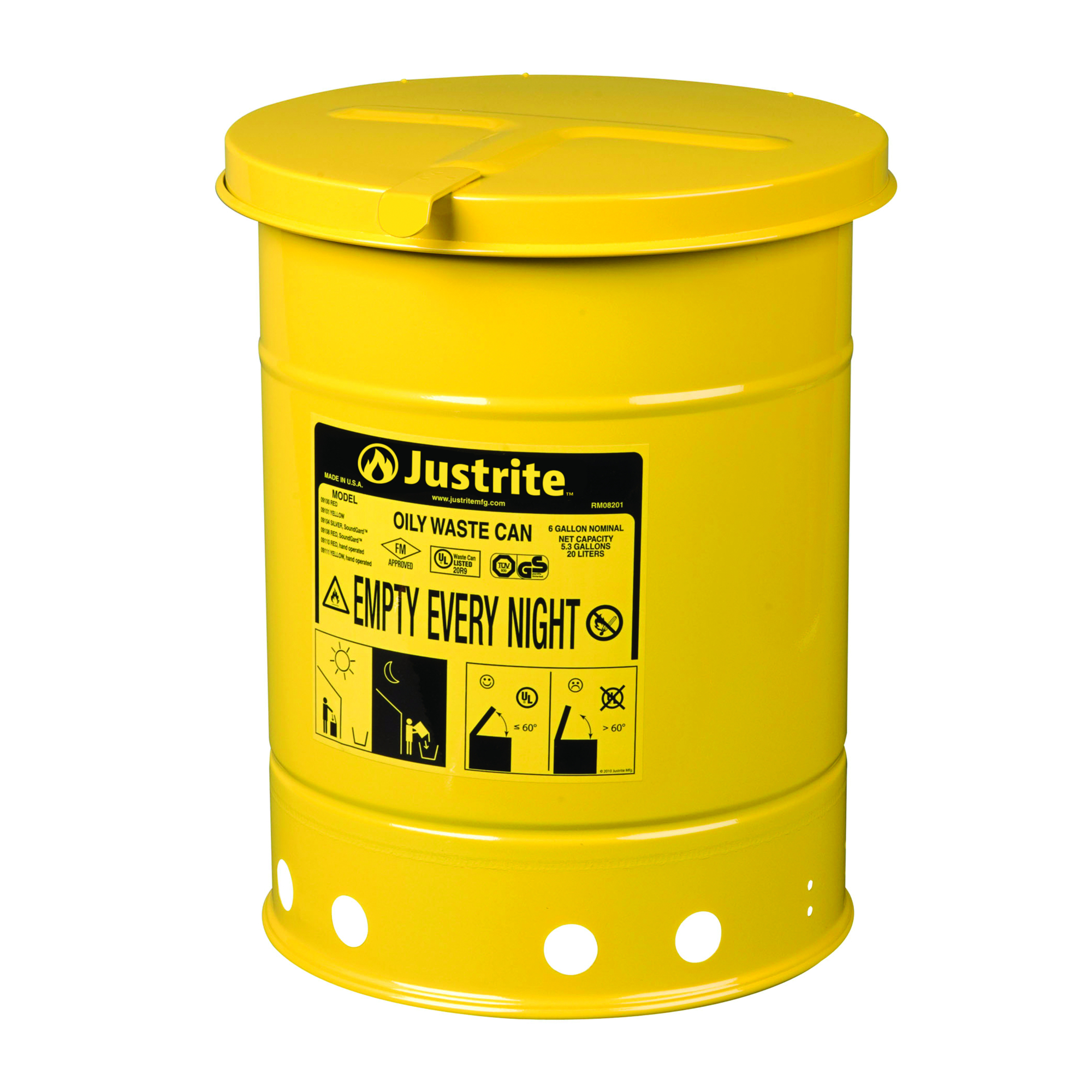 Justrite Oily Waste Can — 6 Gallon, Hand-Operated Cover, Yellow, Model# 09111